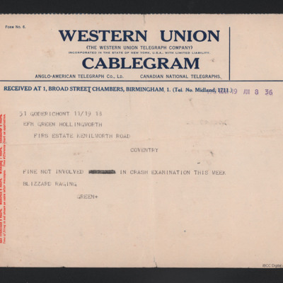 Telegram from Alan Green to his father